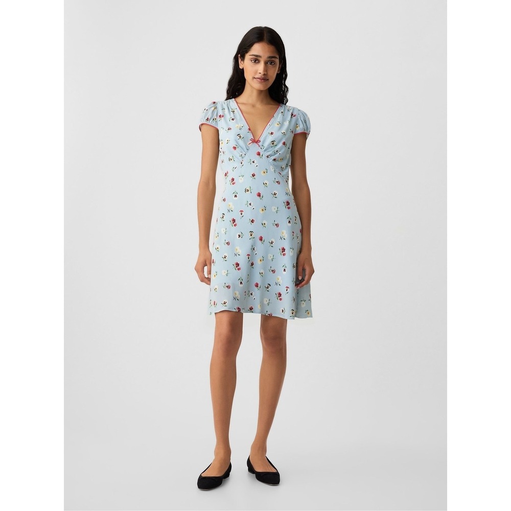 GAP x DOEN Dublin Blue Pansy Floral Mini Dress Size 0 Cottagecore Coquette Bow